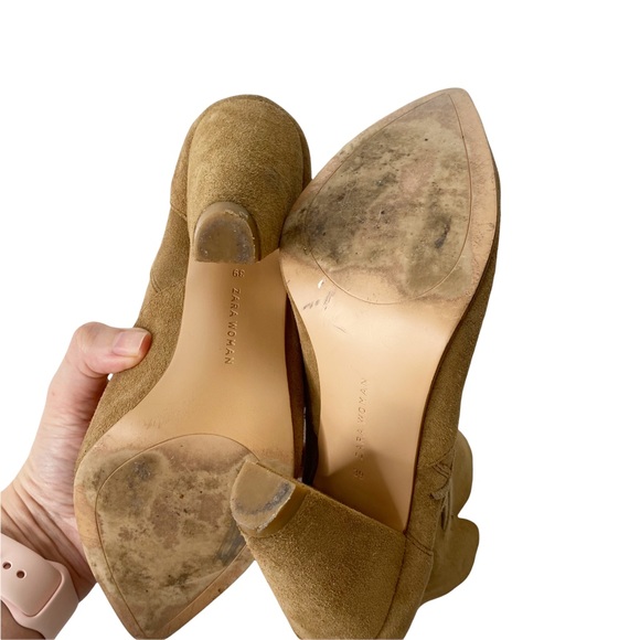 Zara Woman Suede Leather Lace Up Pointy Toe Heeled Booties Tan Cognac Size 39/9 - Picture 13 of 16